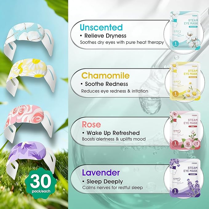 AROIC 120 Pack Steam Eye Masks Disposable for Dry Eyes, Heated Sleep Eye Mask for Women Warm Compress for Eyes, Relaxation Mothers Day Gifts, Travel Essentials - Lavender, Unscented, Chamomile, Rose