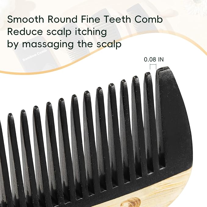 Natural Bamboo Comb for Detangling, Durable Bakelite Infused Anti Static Fine tooth Comb for Curly, Thick, Think Hair & Beard, Eco-Friendly Hair Comb for Women,Men