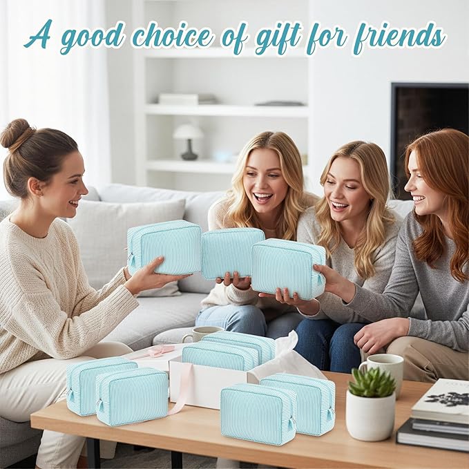 Sanwuta 6 Seersucker Cosmetic Bag Bulk Pinstripe Makeup Bag for Women Aesthetic Cute Travel Toiletry Organizer Preppy Storage Pouch for Wedding Bridesmaid Christmas Gift (Large,Mint Blue)