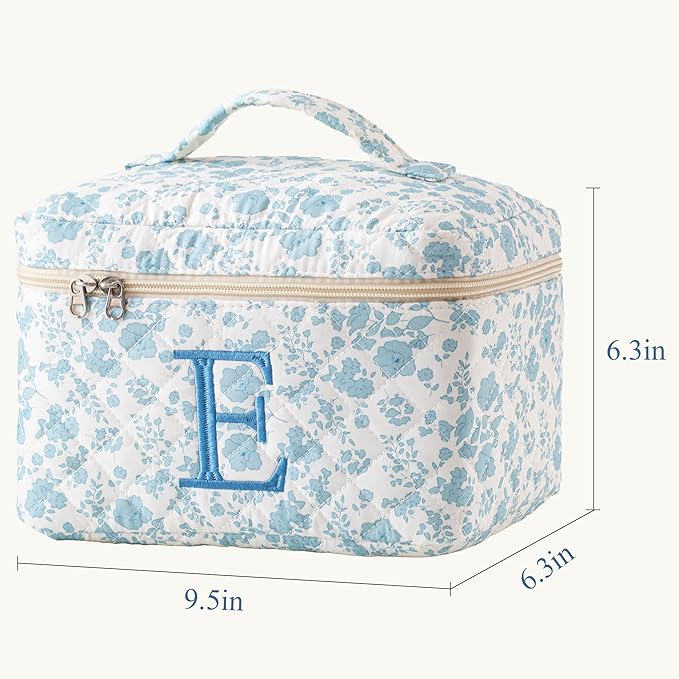 HBselect Initial Quilted Makeup Bag, Cotton Large Travel Make up Bag, Cute Floral Coquette Make up Bag Cosmetic Bag Toiletry Bag for Women Girls E