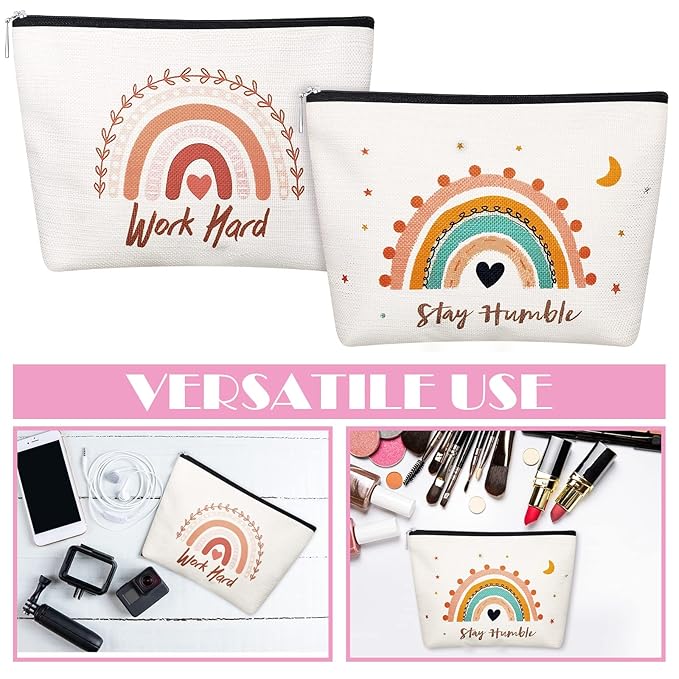 Chengu 6 Pcs Big Canvas Rainbow Heart Cosmetic Bags, 10 x 7.5 inch Inspirational Gifts for Women Motivational Quotes Makeup Bag for Women Girls Birthday Friend Teacher Graduation Gift (Boho)