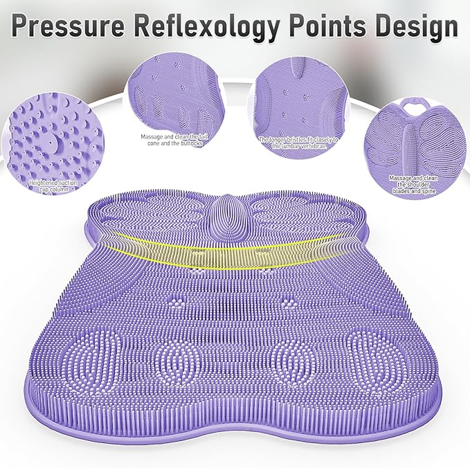 Back Scrubber Body Bath Cushion for Tub Bathtub with Back Lumbar Ergonomic Support, Silicone Extra Large Thick Soft Seat Pad Non-Slip Suction Cups, Relaxing Spa Exfloating Scrubber Mat Purple