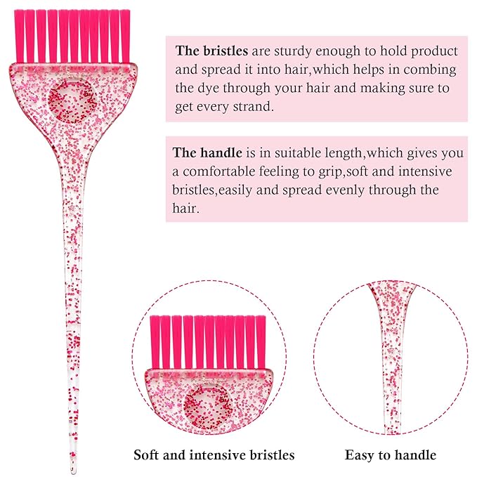 6 Pieces Hair Color Brush Set with Glitter Handles for Highlighting, Tint and Coloring Hair Sections Multicolor Glitter Dye Brush Salon Home Dyeing Coloring DIY, 3 Colors