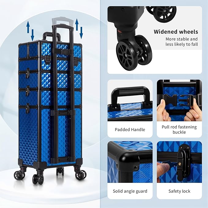 AROUS Rolling Makeup Train Case 4 in 1 Cosmetology Case on Wheels Large Storage Cosmetic Trolley with Key Salon Barber Traveling Cart Trunk, Blue