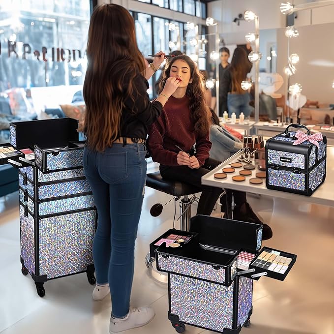 BYOOTIQUE Makeup Cart on Wheels 3-Piece Lockable Esthetician Rolling Case Cosmetology Organizer Kit Hair Tool Travel Bag for Lash Artist Nail Slon Beauty Studio Hairstylist Manicurist,Mermaid Silver