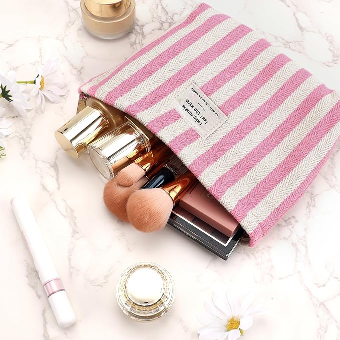 ZLFSRQ Striped Makeup Bag Large Canvas Travel Makeup Bag for Women Cosmetic Pouch Cute Pink Striped Make Up Pouch for Purse Y2k Aesthetic Trendy Zippered Toiletry Bags Gift Skincare Storage Organizer