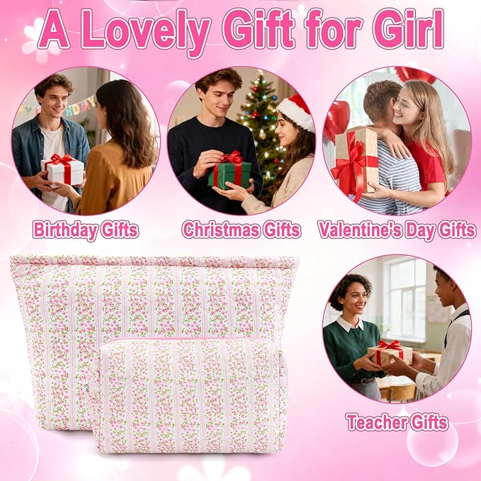 2Pcs Small Makeup Bag Quilted Cosmetic Bag Flower Pencil Case Travel Makeup Bag Set for Women Cute Cosmetic Pouch Aesthetic Cotton Toiletry Organizer Storage Bags Puffy Zipper Pouch Christmas Gifts C