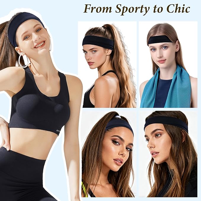 Headbands for Women Non-Slip Workout Hair Bands, 6 Pack Stretchy Athletic Soft Sweatbands, Elastic Cloth Fabric Headband, Fashion Head Bands for Yoga Running Sports Gym Sports Exercise