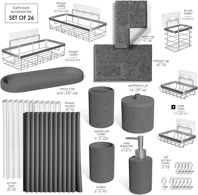 Clara Clark Grey Bathroom Set - Bathroom Sets with Shower Curtain and Rugs, 26PC Bathroom Accessory Set, Shower Curtain Set with Adhesive Corner Shower Caddy Hanging & Soap Dispenser