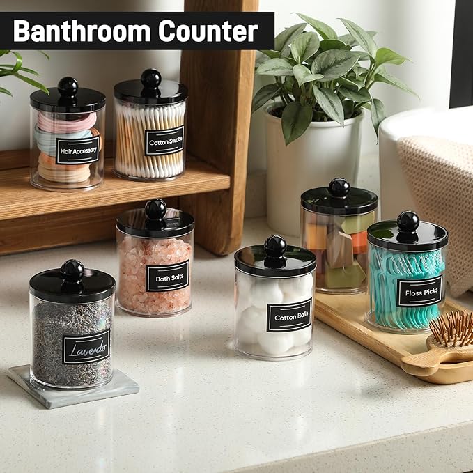 8 Pack Acrylic Qtip Holder Dispenser for Cotton Swabs, Balls, Pads, Floss - Plastic Canister Apothecary Jar Set, Bathroom Essentials Accessories Decor Vanity Makeup Storage Organizer - Clear & Black