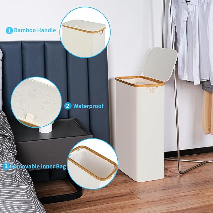 efluky Slim Laundry Basket with Lid, Narrow Laundry Hamper with Removable Bag, Skinny Dirty Clothes Basket with Bamboo Handles for Bathroom, Bedroom & Laundry Room, 90L Beige