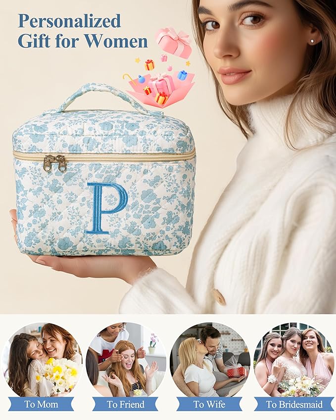 HBselect Initial Quilted Makeup Bag, Cotton Large Travel Makeup Bag, Cute Floral Coquette Make up Bag Cosmetic Bag Toiletry Bag for Women Girls P