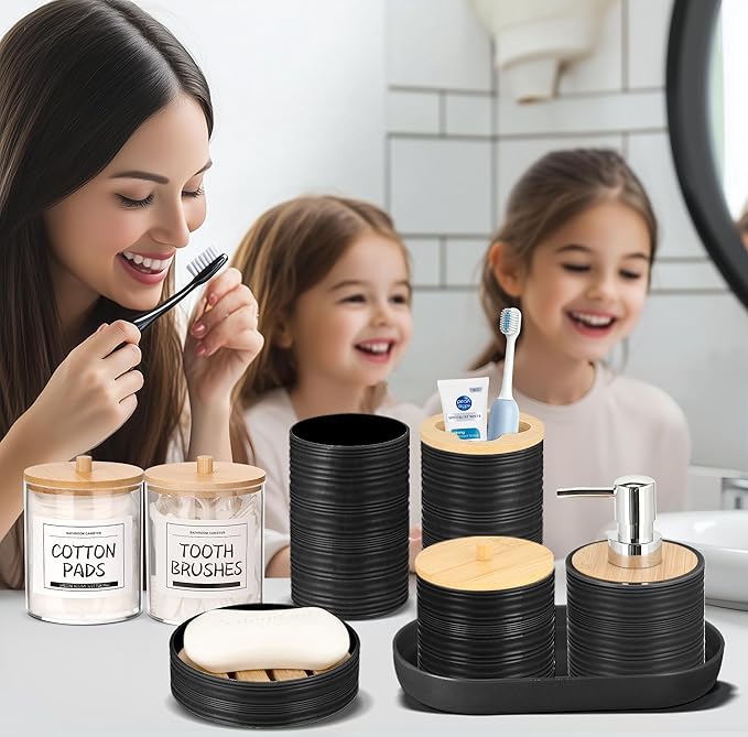 IMAVO Bathroom Accessory Set-11Pcs Black Bathroom Accessories Set with Trash Can,Soap Dispenser,Soap Dish,Toothbrush Holder,Toothbrush Cup,Toilet Brush Holder,Qtip Holder Dispenser with Labels