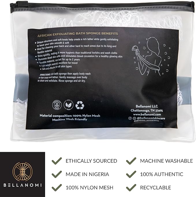 BELLANOMI African Exfoliating Net Sponge, Authentic, Ethically sourced from Nigeria, 45 inches Long, Back Scrubber for Daily use (White)