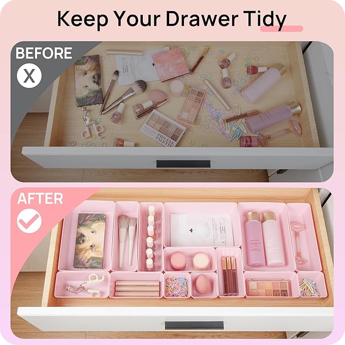 Vtopmart 72 PCS Plastic Drawer Organizers Set, 4-Size Versatile Bathroom and Vanity Organizer Trays, Non-Slip Storage Bins for Makeup, Jewelries, Kitchen Utensils and Office Desk, Pink | 72 PCS, 4-Size, Versatile, Non-Slip