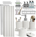 Clara Clark Bathroom Set - White Bathroom Accessories Set, 24PC Bathroom Accessory Set, Bathroom Sets with Shower Curtain Set, Adhesive Corner Shower Caddy Hanging & Soap Dispenser