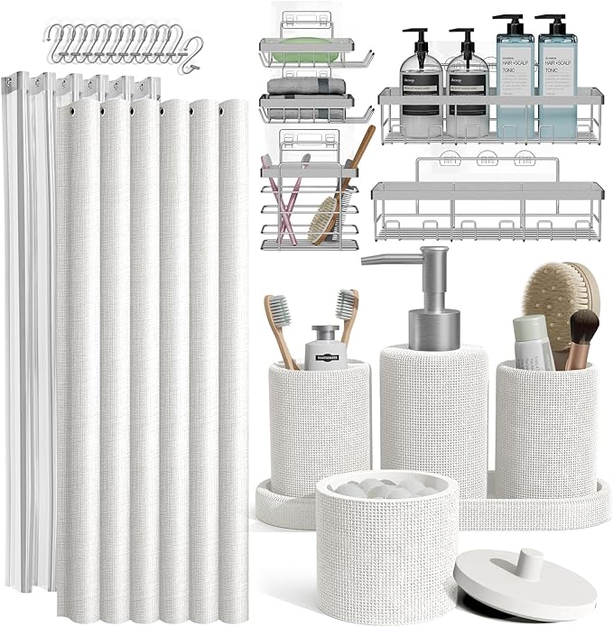 Clara Clark Bathroom Set - White Bathroom Accessories Set, 24PC Bathroom Accessory Set, Bathroom Sets with Shower Curtain Set, Adhesive Corner Shower Caddy Hanging & Soap Dispenser