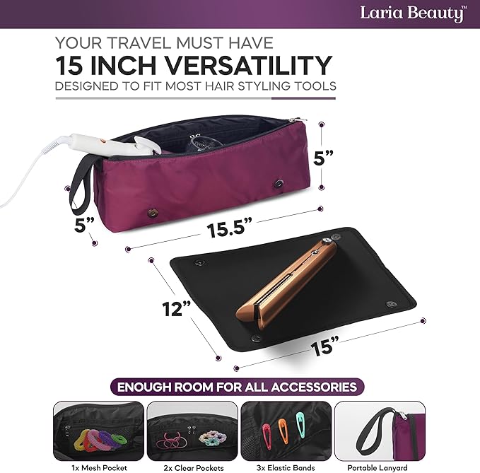 2-in-1 Hot Hair Tools Travel Bag, Removable Heat-Resistant Silicone Mat, Clear Pockets for Accessories, Protects Surfaces from Burns, Ideal for Curling & Flat Irons, Includes Heat-Resistant Glove