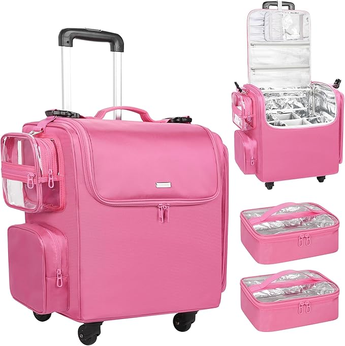 Relavel Rolling Makeup Train Case, Hairstylist Traveling Bag with 4 Wheels, Heat Insulation Full Layer, Adjustable Dividers, Hair Tools and Cosmetics Storage Organizer Trolley Suitcase, Rose Pink