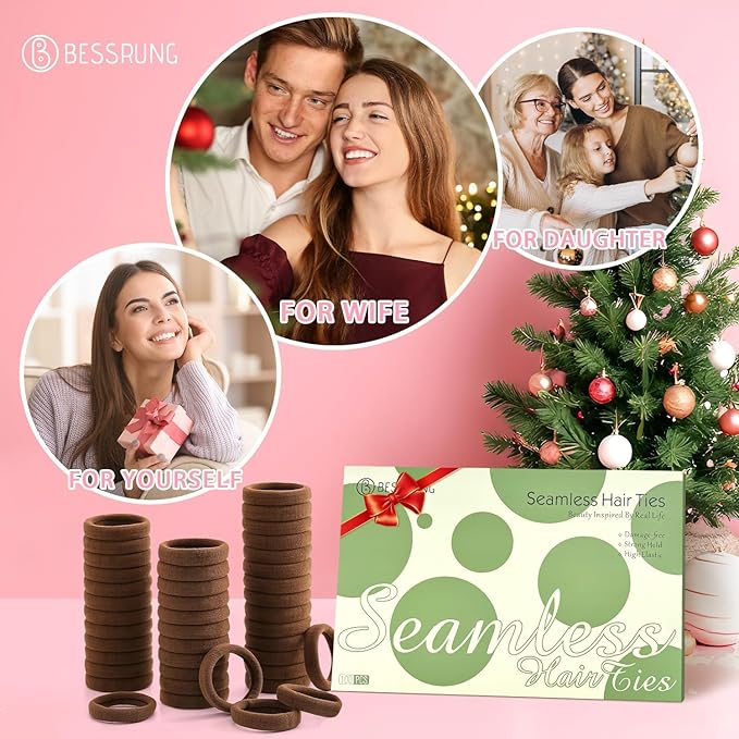 Bessrung 100 Pcs Thick Seamless Hair Ties, Ponytail Holders Hair Accessories for Women Girls No Damage for Thick Hair(Dark Brown Colors)
