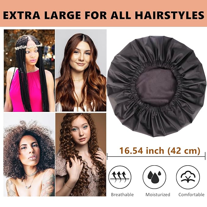 Adjustable Shower Caps for Women Reusable Waterproof Satin Lining Extra Large Shower Cap for Women and Men Long Hair Braids Curly Hair (Xl,Black)