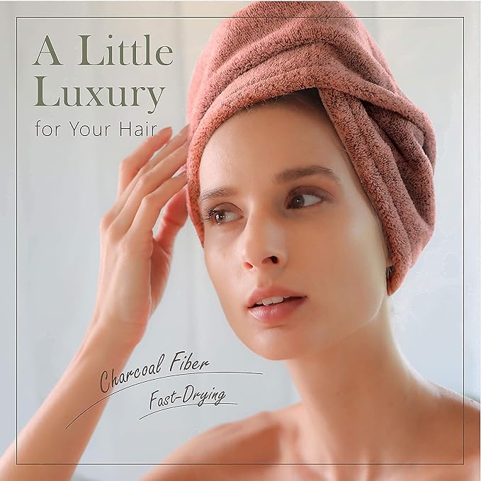 myHomeBody Hair Towel Wrap, Luxury Quick Drying Turban, Ultra Soft Absorbent Charcoal Fiber Cap, with Coconut Shell Button – Cinnamon