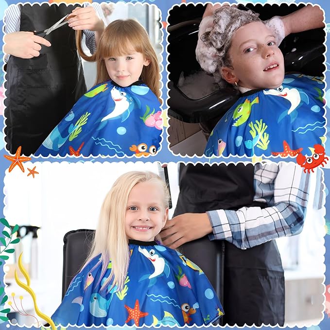 FEBSNOW Ocean Animal Kids Hair Cutting Cape, Professional Barber Cape and Neck Duster Brush Cartoon Hairdresser Apron with Adjustable Closure for Children Salon Barber Supplies for Kids & Adults