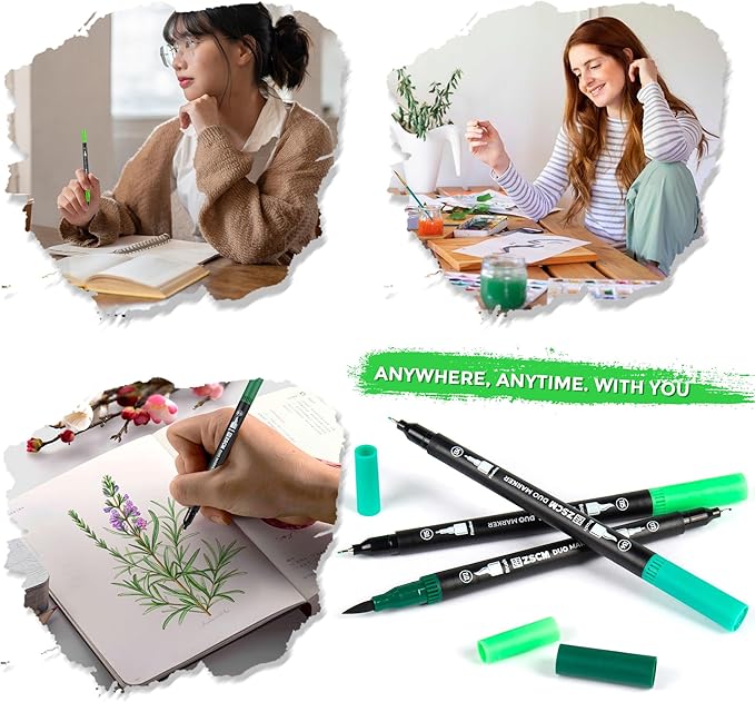 Green Duo Tip Marker Pens, 12 Pack Fine & Brush Markers for Adult Coloring Books No Bleeding, Nature Green Markers for Foliage, Landscape Drawings, Botanical Illustrations and Eco Designs