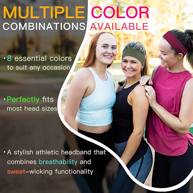 8 Pack Headbands for Women Non Slip - Stylish Sports Hair Bands for Women's Hair - Soft Cotton Cloth Stretchy Headbands for Women for Yoga, Outdoor Exercise Running