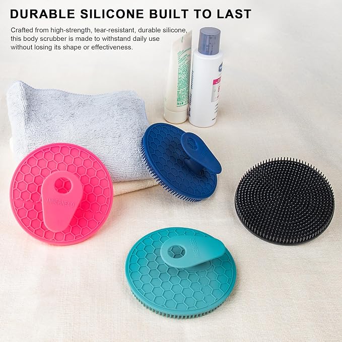 INNERNEED Food Grade Silicone Body Scrubber Gentle Exfoliating Brush for Women Men Deep Clean for All Skin Types, More Hygienic and Well Lather (Black+Dark Blue)