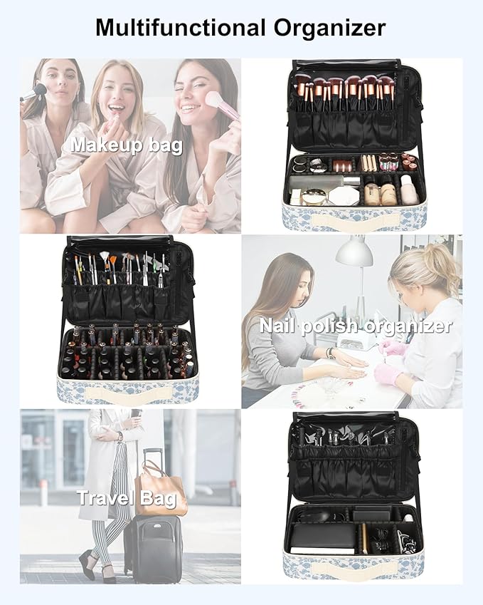 Relavel Large Makeup Bag, Cute Cosmetic Bags for Women and Girls Travel Makeup Organizer Bag Train Case 13.8 inches Makeup Brush Holder and Storage with Adjustable Dividers, Floral Print