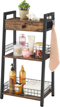 3-Tier Ladder Shelf with Drawer, Bathroom Table Stand for Small Space, Bathroom Standing Shelves with Storage for Living Room Bedroom Kitchen, Organizer Shelf, Rustic Brown