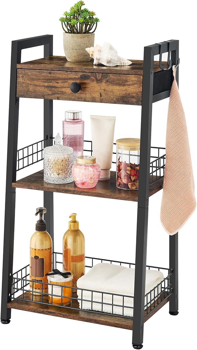 3-Tier Ladder Shelf with Drawer, Bathroom Table Stand for Small Space, Bathroom Standing Shelves with Storage for Living Room Bedroom Kitchen, Organizer Shelf, Rustic Brown