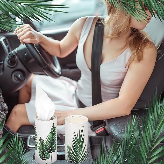 Zonon 8 Pcs Greenery Car Tissue Cylinder with 3-ply Facial Tissue Bulk Round Tissues Holder Box Spring Travel Cylinders Tubes for Car Decoration with 50 Sheets for Cup Holder Round Container