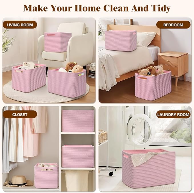 Storage Baskets for Organizing, 4 Pack Baskets for Shelves, Decorative Storage Bins for Shelves, Cotton Rope Storage Basket with Handles, Woven Basket for Storage, 13''Lx8.7''Wx7.9''H, Pink