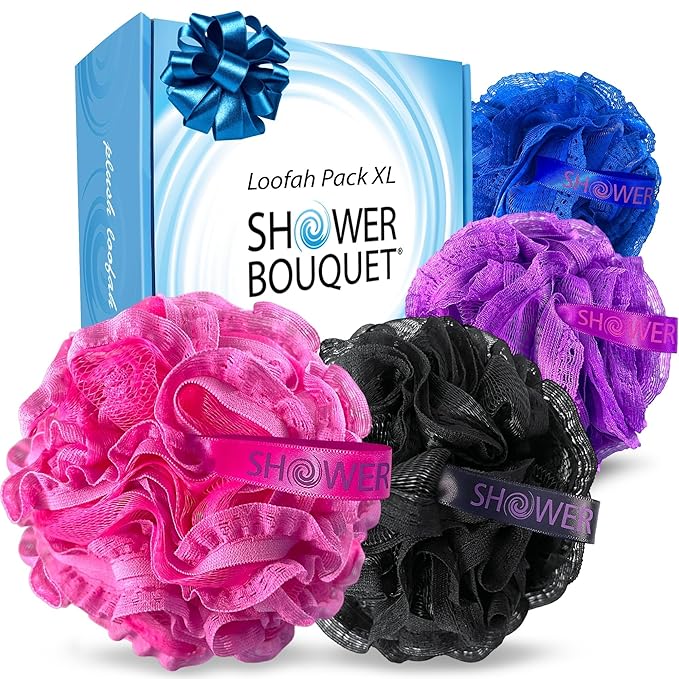 Loofah-Bath-Sponge Hot-Lacey-Mesh // 4-Sexy-Lace-Colors by Shower Bouquet / 2-Scrubs-in-1 Large Full 60g Pouf Body Luffa Loofa Loufa Puff - Exfoliate, Cleanse Skin with Luxurious Bathing Accessories