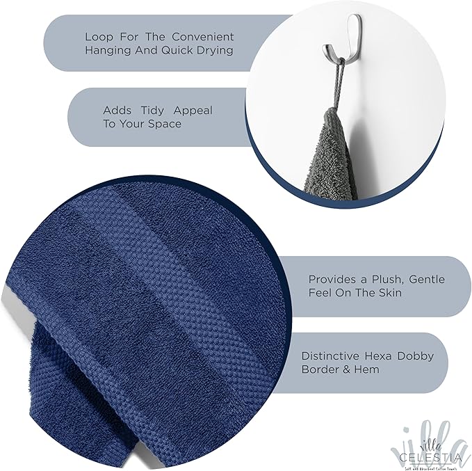 100% Cotton Wash Cloth for face & Body Set of 6, (12 x 12 inches) Sustainable, Soft, Highly Absorbent, Combed Cotton Wash Cloths Pack of 6 for Hotels, Spa, Bathroom, Dorm, Navy Blue