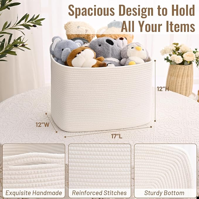 3 Pack Cube Storage Bin, 17”x12”x12” Cotton Rope Woven Baskets for Organizing Toys Clothes Towels, Square Gift Storage Baskets for Shelf, Nursery, Closet, Bathroom, Pantry (White)