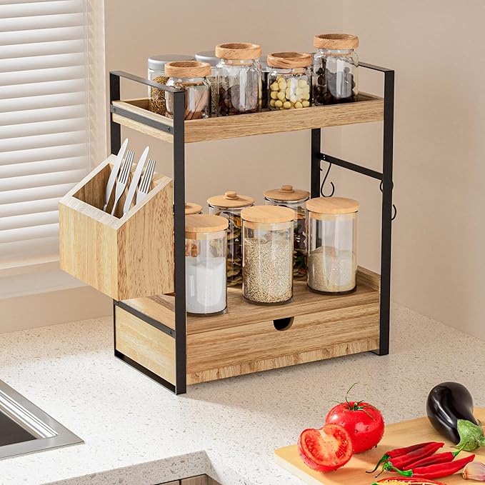 Kottwca Bathroom Counter Organizer with Drawer, 2-Tier Wood Countertop Organizer for Storage, Vanity Skincare Organizers, Bathroom Sink Shelf for Organization (Wood Color)