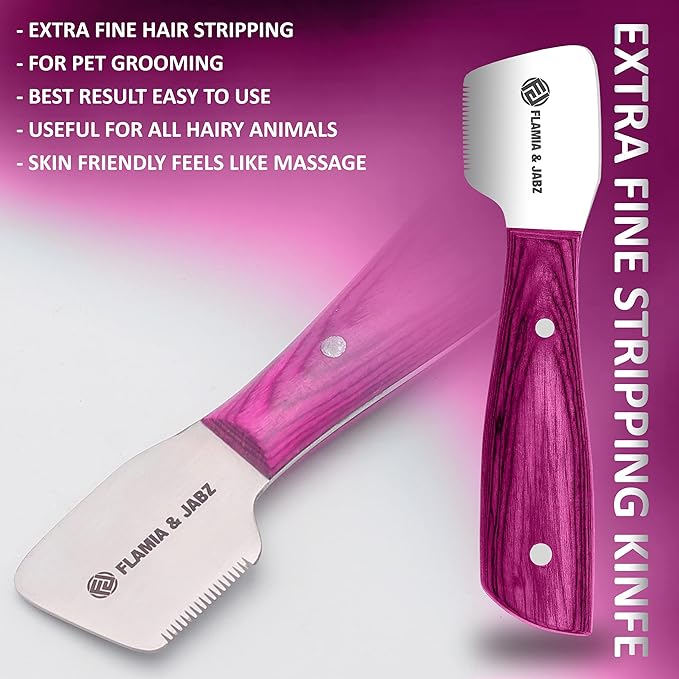 FLAMIA & JABZ FJ Professional Stripping Knife kit (6 pieces set) for Dogs & Pets, Wooden Handle Grip with Stainless Steel Blade (Right handed) (Pink)