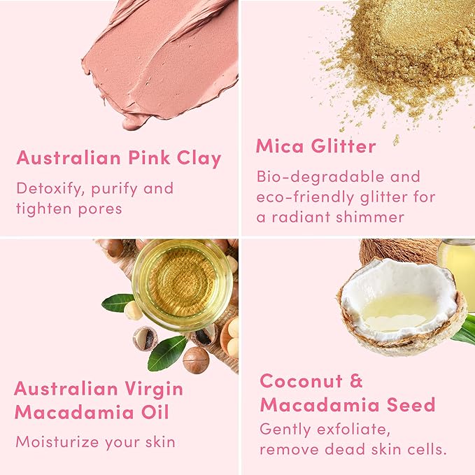 Sand & Sky Body Scrub Exfoliating Scrub Body Exfoliator - Australian Pink Clay Shimmer Body Polish with Macadamia Oil, Cellulite & Keratosis Pilaris, Biodegradable Glitter, 6.8 oz