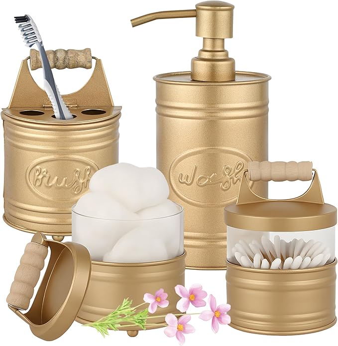 Autumn Alley Antique Gold Bathroom Accessories Set 4 - Farmhouse Soap Dispenser, Toothbrush Holder, 2 Apothecary Jars Qtip Holder - Gold Bathroom Decor – Rustic Farmhouse Bathroom Accessories