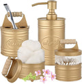 Autumn Alley Antique Gold Bathroom Accessories Set 4 - Farmhouse Soap Dispenser, Toothbrush Holder, 2 Apothecary Jars Qtip Holder - Gold Bathroom Decor – Rustic Farmhouse Bathroom Accessories