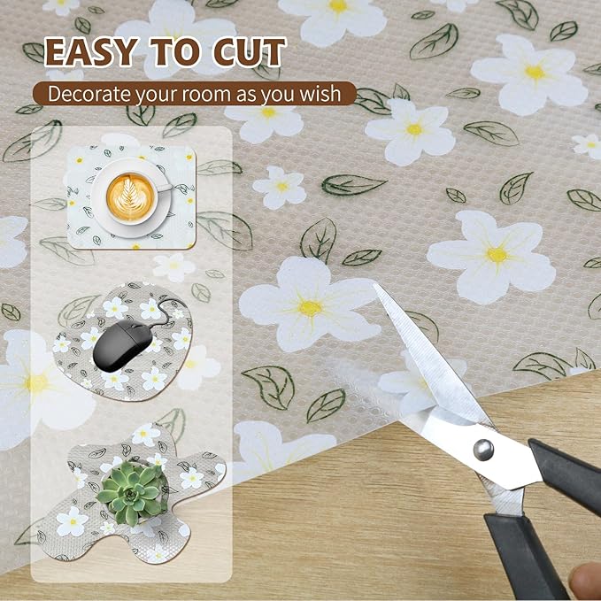 Drawer and Shelf Liner for Kitchen Cabinet,Non-Adhesive EVA Waterproof Drawer Liner for Dresser & Bathroom Vanities with Cutting Tool(12 in X 20 Ft White Cherry Blossom)