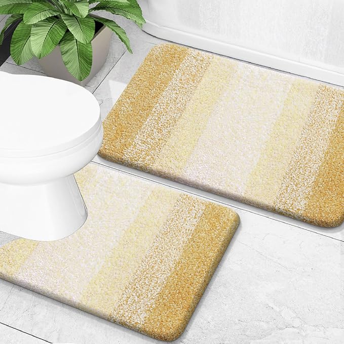 OLANLY Bathroom Rug Set 2 Piece, Soft Absorbent Microfiber Bath Mats and U-Shaped Contour Toilet Rug, Non-Slip, Machine Wash Dry, Plush Shaggy Bath Mats for Bathroom (30"x20"+24"x20", Light Yellow)
