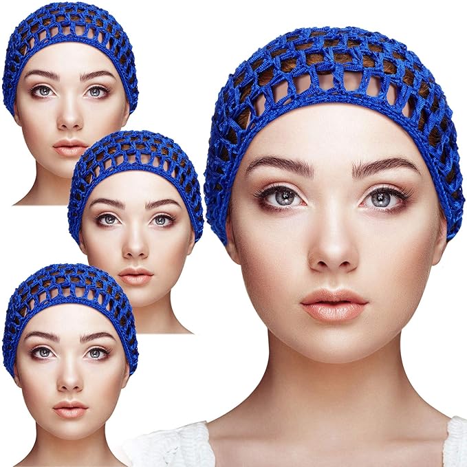 Geyoga 4 Pieces Mesh Crochet Hair Net Rayon Knit Snood Hat Thick Short Women Hairnet Snoods Cover Ornament for Sleeping(Blue)
