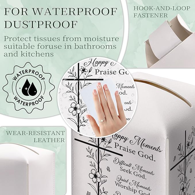 Christian Bible Verses Tissue Box Cover Square, Inspirational Quotes Waterproof Leather Tissue Box Holder, Cross Paper Facial Tissue Box Covers Cube for Office Bathroom Home Prayer Room Decor