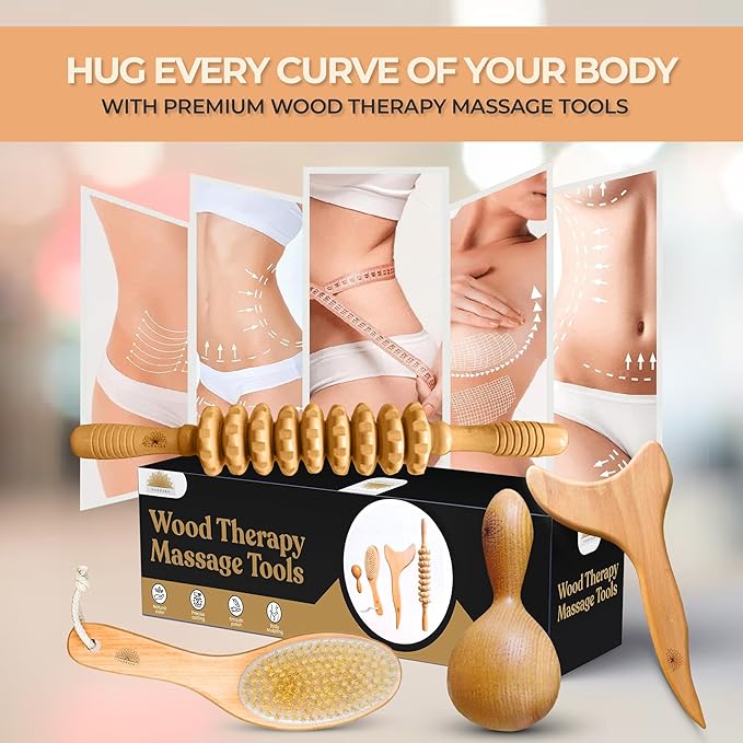 Wood Therapy Massage Tools 4 Pcs, Lymphatic Drainage Massager, Maderoterapia Kit, Anti Cellulite Complete Body Sculpting Tools for Total Relaxation & Relief (4 Pack)