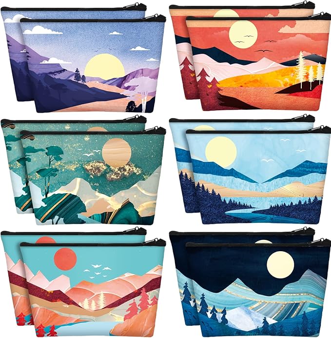 Sweetude 12 Pcs Mountain Makeup Bag Bulk Colorado Gifts Portable Travel Cosmetic Bags with Zipper Waterproof Portable Roomy Travel Beauty Toiletry Organizer Storage Pouch for Women (Mountain)