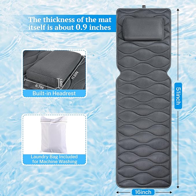 Bath Pillow for Tub with Laundry Bag & 17 Non-Slip Suction Cups, Extra Thick and Soft Bathtub Pillow for Head, Neck & Shoulder Support, 51" x 16" Grey